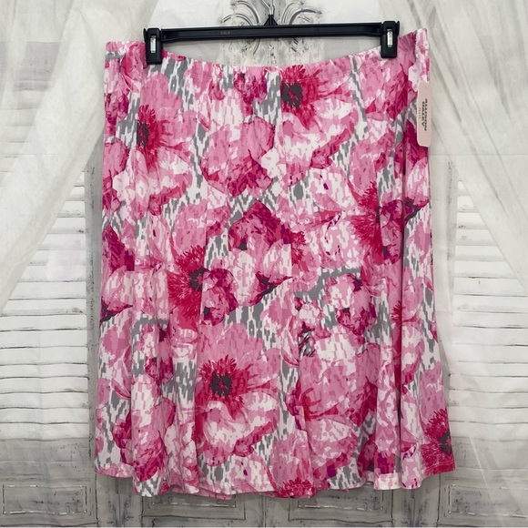 NEW Allison Daley Size 22W Plus Floral A-Line Skirt Pink Gray Knee Elastic Waist - Picture 1 of 8